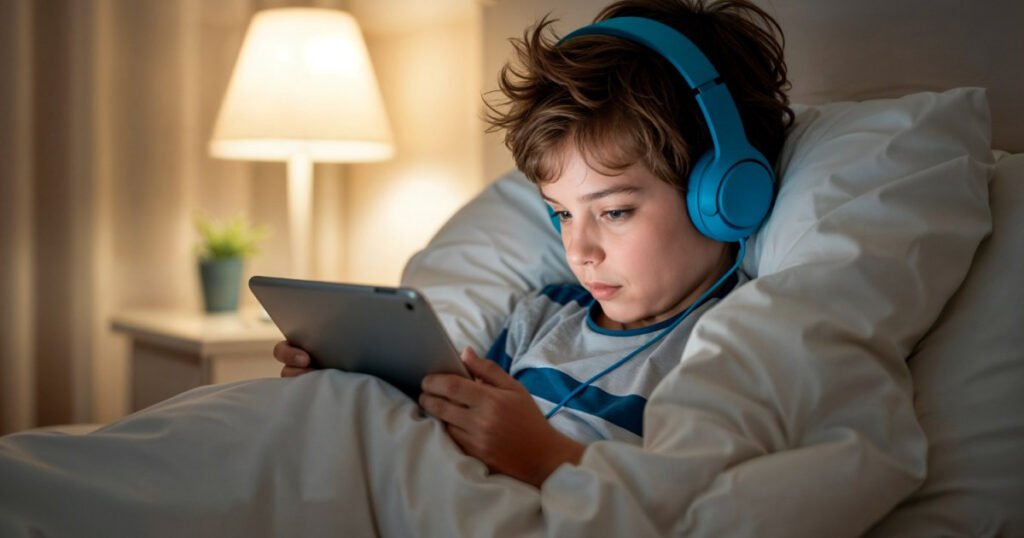 طفل صغير يضع جهاز لوحي جانباً ويهتم باللعب التفاعلي مع والديه